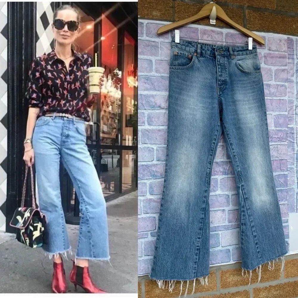 Anine Bing  Stella Kick Flare Raw Hem Jeans Button Fly 25